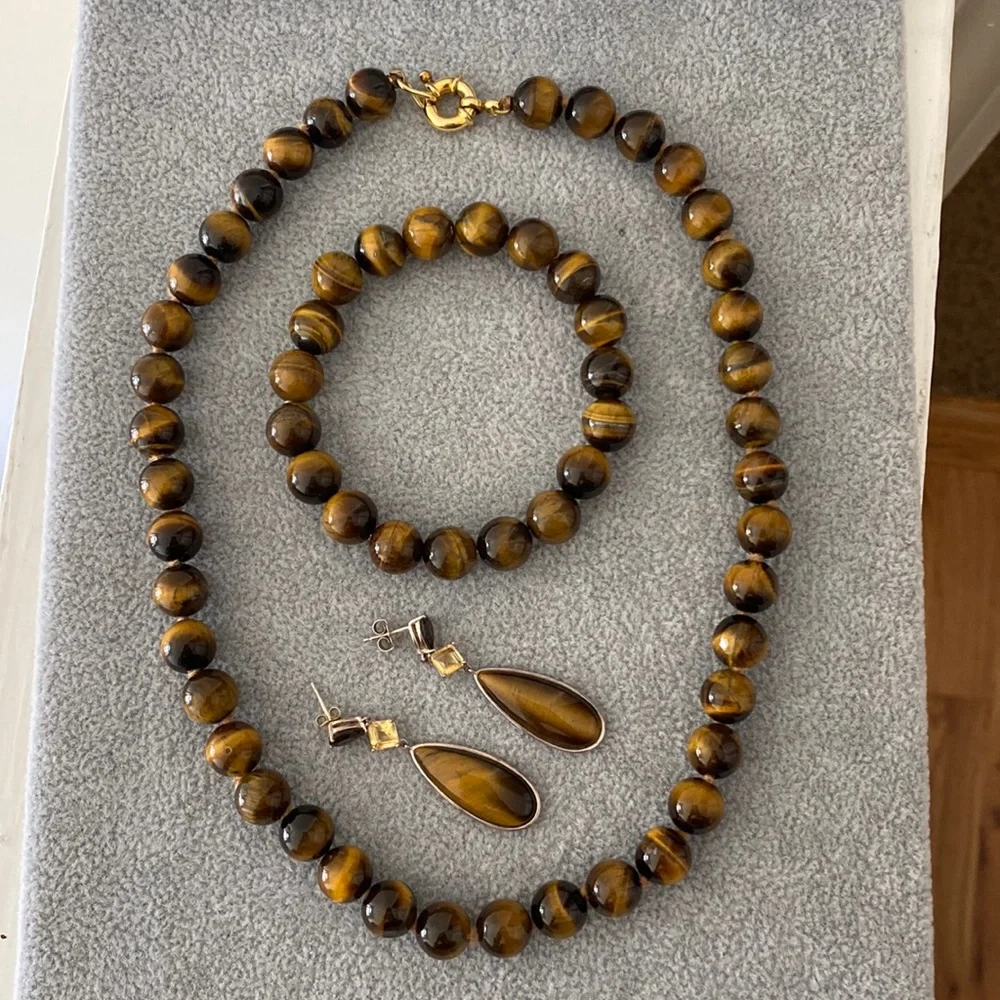 Tigers eye Necklace 16” / .925 Drop Earrings 2” & Stretch Bracelet Set